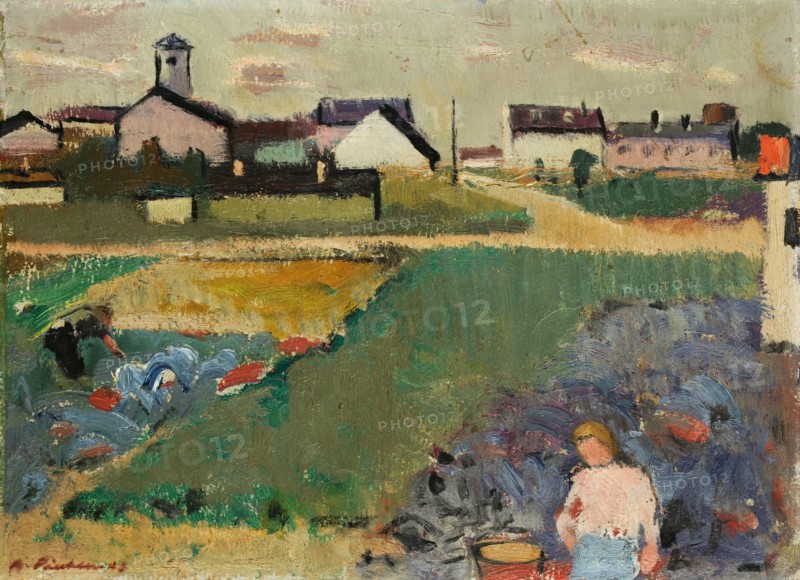 Krautfeld in front of the village, 1943, oil on board, 25.5 x 34.5 cm, signed and dated lower left: A. Fiechter 43, Arnold Fiechter, Sissach/Baselland 1879–1943 Basel