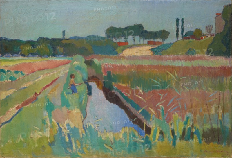 Swamps near Neudorf with a fishing boy, 1913, oil on canvas, 74.5 x 109.5 cm, signed and dated lower right: Arnold Fiechter, 1913., Arnold Fiechter, Sissach/Baselland 1879–1943 Basel