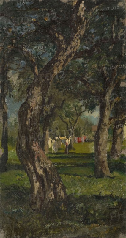 Baumgarten with suspended laundry, 1863, oil on canvas, 41.5 x 21.5 cm Lichtmass, signed and dated lower right (incised in the paint layer): F. Buchser, 63, Frank Buchser, Feldbrunnen/Solothurn 1828–1890 Feldbrunnen/Solothurn