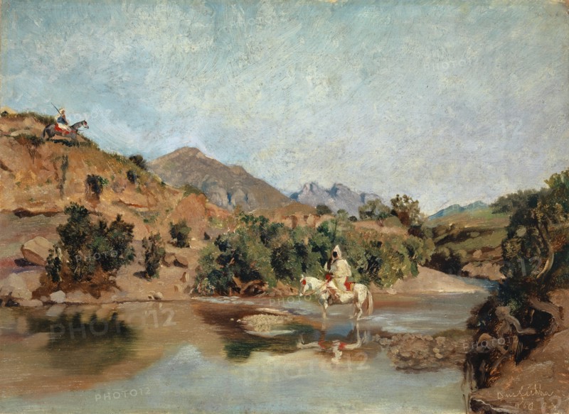 Moroccan rider in the ford of the Wad Boswicha, 1860, oil on paper, 31.5 x 43.3 cm, Inscribed, dated and monogrammed (incised in the paint layer): Busfiehha, 1860 J [?] M., Frank Buchser, Feldbrunnen/Solothurn 1828–1890 Feldbrunnen/Solothurn