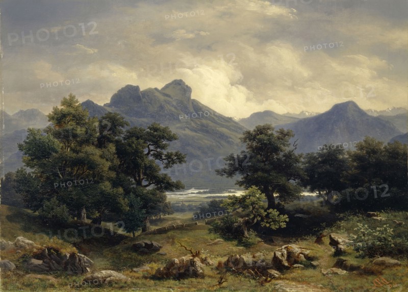 Mountain landscape, 1852, oil on canvas, 52.8 x 73.5 cm, monogrammed and dated lower right with red color: CRH., [ligated], D 52., Carl Rudolph Jonas, Goldapp 1822–1888 Berlin