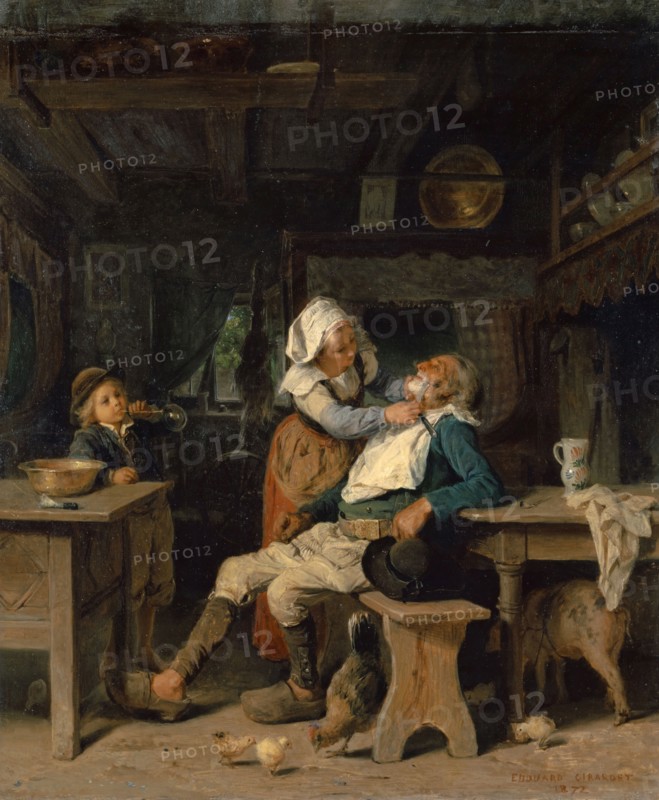 A barber's room in Brittany, 1872, oil on panel, 50 x 45.4 cm, signed and dated lower right: EDOUARD GIRARDET, 1872, Edouard Girardet, Neuenburg 1819–1880 Versailles