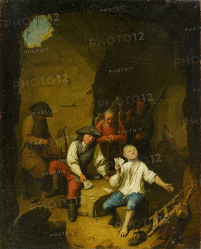 Scissors grinder playing cards, 1690s, oil on canvas, 46 x 37 cm, signed and dated lower right: n. [?], V., Staples, et. Et., fecit, 16 [..], Nicolas van Haften, Gorkum um 1663–1715 Paris