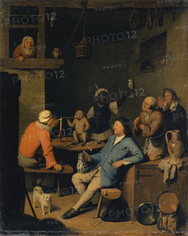 Society with a pipe-smoking monkey in a tavern, oil on canvas, 46 x 37 cm, unmarked, Nicolas van Haften, Gorkum um 1663–1715 Paris