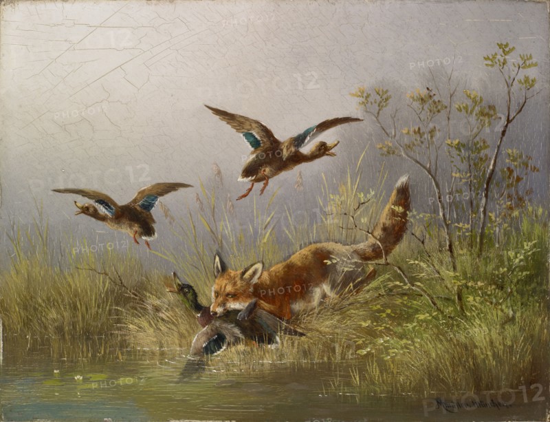 Fox on the Duck Hunt, oil on panel, 21 x 26.5 cm, signed and inscribed lower right: MMüller., Munich., Moritz Müller, München 1841–1899 München