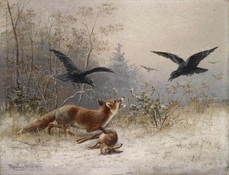 Fox hunting hare in winter, oil on panel, 21 x 26.5 cm, signed and inscribed lower left: MMüller., Munich., Moritz Müller, München 1841–1899 München