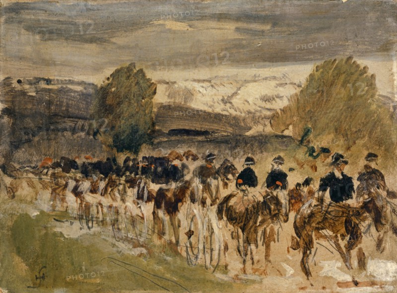 L'artillerie neuchâteloise en marche by Thoune à Friborg, 1890, oil on cardboard, 14 x 19 cm, monogrammed lower left: HS [ligatured], Hans Sandreuter, Basel 1850–1901 Riehen