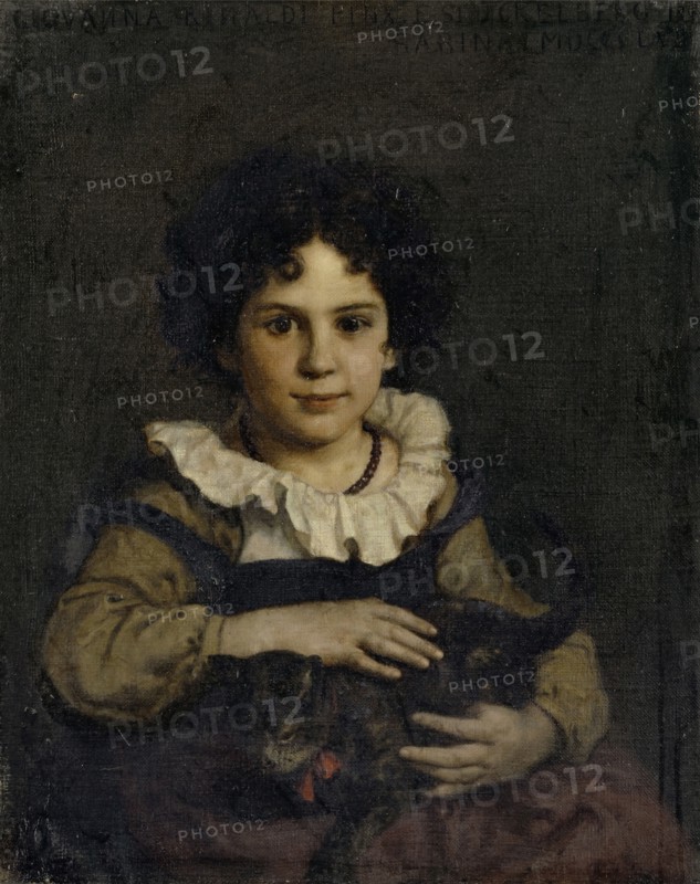 Girl with cat in her arms, 1862, oil on canvas, 60 x 48 cm, Inscribed, signed and dated above: GIOVANNA RINALDI PINX., E STÜCKELBERG IN, SABINA MDCCCLXII [first N in Giovanna and Rinaldi each reversed], Ernst Stückelberg, Basel 1831–1903 Basel