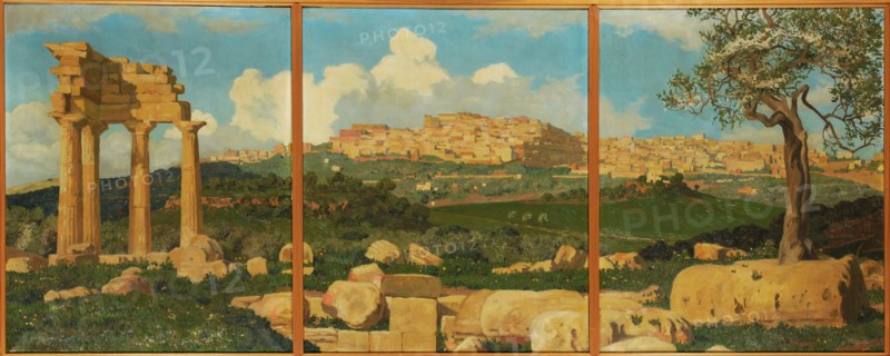 Girgenti [Agrigento] depuis le temple de Castor et Pollux, oil on canvas, 73.5 x 60 cm (left panel) |, 73.5 x 60.5 cm (right and middle panel), signed lower left: RÉGNAULT SARASIN, GIRGENTI, Régnault Sarasin, Basel 1886–1943 Ronco/Tessin
