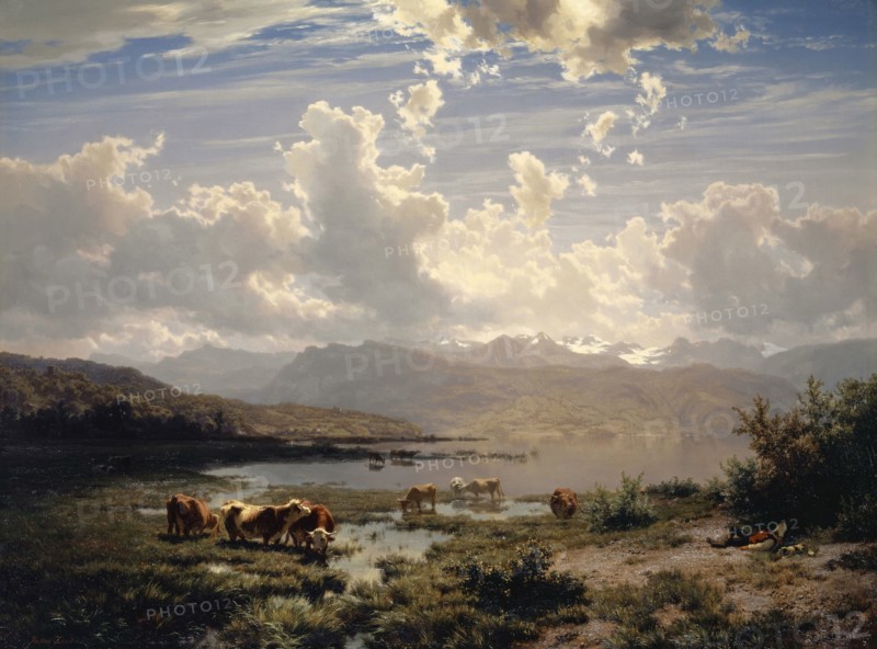 Landscape on Lake Lucerne, oil on canvas, 76.9 x 103.5 cm, signed lower left with red color: Robert Zünd., Robert Zünd, Luzern 1827–1909 Luzern