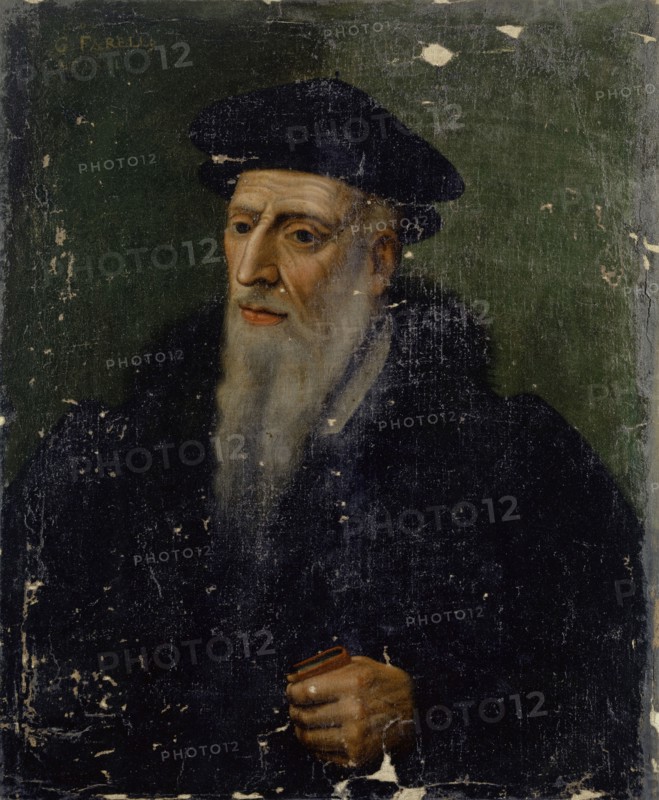 Portrait of Guillaume Farel, oil on canvas, 76 x 62 cm, unmarked., Top left: MDL ... [further digit disturbed], G • FARELL [US], AET., LXXI, Schweizerischer Meister, 17. Jh.