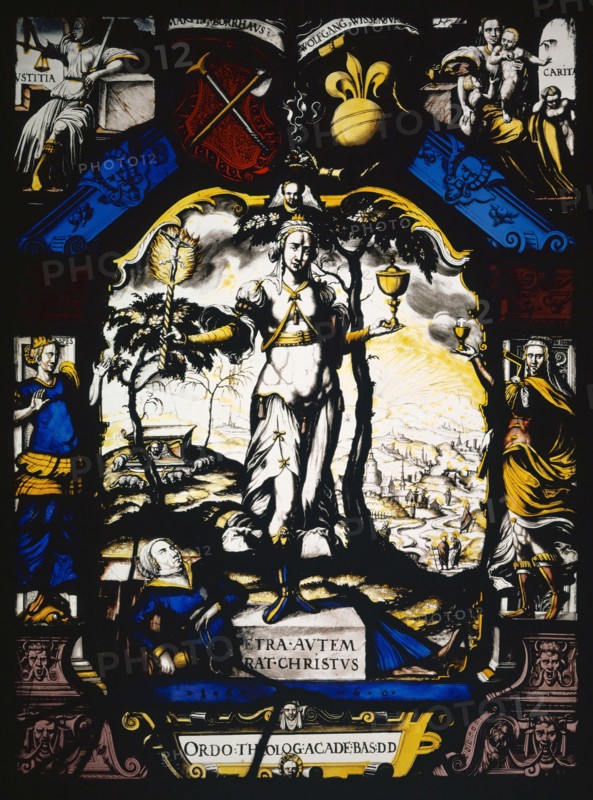 Blazon of the Theological Faculty of the University of Basel, 1560, stained glass, 42.5 x 31.5 cm |, 31.3 x 42.5 x 2 cm, unsigned, but dated., In the scroll cartridge in the base: ORDO: THEOLOG: ACADE • BAS: D [ONUM] D [EDIT], above in blue stripe: • 1 • 5 • 6 • 0 •, on the stone block above: PETRA • AUTEM • ERAT • CHRiSTUS, the four allegorical figures of the frame are: SPES, VIDES [sic!], IVSTITIA, CARITAS, Name of the two coats of arms in the arcade apex: MARTIN BORRHAVS, WOLFGANG WISSENBVRG, Ludwig Ringler, Basel 1536–1606 Basel