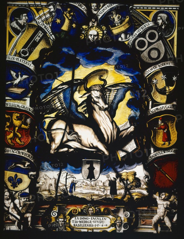 Blazon of the Faculty of Medicine of the University of Basel, 1560, stained glass, 40.5 x 30.5 cm |, 30.3 x 40.4 x 2 cm, unsigned, but dated., In the scroll cartridge in the base: EX • DONO • FACVLTATIS • MEDICE • STVDY • BASILSIS • 1 • 5 • 6 • 0 •, Designation of coats of arms of Faculty members, from top to bottom: [Heinrich Panta] LEO • DECANVS, OSWALDVS • BERVS, ISACH • CELLAR, IOHANNES • HVBERVS, FELIX • PLATERVS, ADAM • DE • BODENSTEIN, GWILHELM • GRATAROL, IO • IACOB • HVGGELI, IOH • IACOB • ALARM, TEODORVS • ZWINGGER, Ludwig Ringler, Basel 1536–1606 Basel