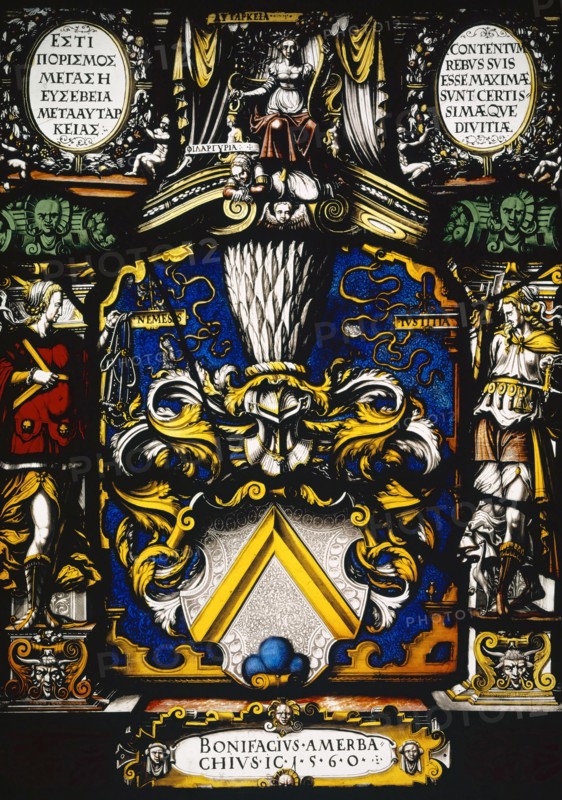 Blazon of the Bonifacius Amerbach, 1560, stained glass, 42 x 30.5 cm |, 31 x 42.5 x 2 cm, unsigned, but dated., In the scroll cartridge in the base: BONIFACIVS • AMERBACHIVS • I [VRRIS] C [ONSVLTVS] • 1 • 5 • 6 • 0 •, in the medallions on the upper corners: ESTI PORISMOS MEGAS E EUSEBEIA META AUTAPKEIAS (in Greek letters, left), CONTENTVM REBVS SVIS ESSE MAXIMÆ SVNT CERTISSIMÆQVE DIVITIÆ (right), Designation of the figures on the entablature (in Greek letters): AUTARKEIA, PHILARGURIA, Designation of the lateral figures: NEMESIS, IVSTITIA, Ludwig Ringler, Basel 1536–1606 Basel