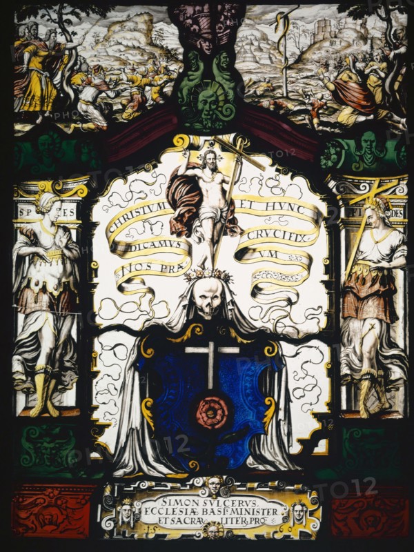 Coat of Arms of the Basel Theology Professor Simon Sulzer, 1560, stained glass, 42.5 x 31.5 cm |, 31.3 x 42.5 x 2 cm, unsigned, but dated., In the scroll cartridge in the base: SIMON SVLCERVS ECCLESIÆ BASI [liensi] s MINISTER ET SACRAR [UM] LITER [ARVM] PRO [FESSOR] • 1 • 5 • 6 • 0 •, in the script of the middle picture:, NOS PRÆDICAMVS CHRISTVM, ET HVNC CRUCIFIXVM, Name of the two allegorical standing figures: SPES, FIDES, Ludwig Ringler, Basel 1536–1606 Basel
