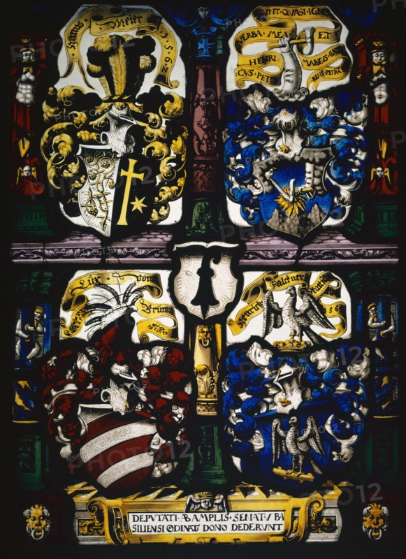 Coat of Arms of the Deputates of the Basel Council, 1561-1562, stained glass, 43 x 31.5 cm |, 31.3 x 42.8 x 2 cm, unsigned, but dated., In the cartouche below: DEPVTATI • AB • AMPLIS [simo] • SENATV • BASILIENSI ORDINATI DONO DEDERVNT, Designation of the coat of arms in the bands: Hanns • Meier • 1 • 5 • 6 • 2 •, HENRICVS • PETRI • VERBA • MEA • SVNT • QVASI • IGNIS • ET • MALLEVS • CONTERENS • PETRA [m] ES., 23, Lux • vonn • Brunn, Henrich • Falckner • Occupant • 1561, Hans Jörg Riecher, Basel 1538 –1614 Basel