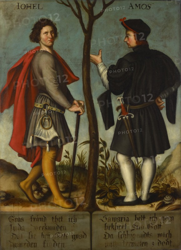 The Prophets Joel and Amos, oil on canvas, 105 x 76 cm, unmarked., About the figures: IOHEL and AMOS, Bottom left: Gros fro [e] ud thet I announce, Judah, That they will find with God, Bottom right: Samaria I like to hate, bekoert zuo God, Since slips me, mitt tremelen z dodt., Bartholomäus Sarburgh, Trier um 1590 – nach 1637 Niederlande, Hans Holbein d. J., (Kopie nach / copy after), Augsburg um 1497/98–1543 London