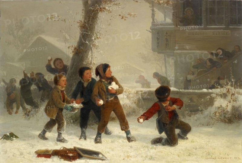 A fight with snowballs (snowball fight), 1874, oil on canvas, 56 x 84 cm, signed and dated lower right: EDOUARD GIRARDET., 1874, Edouard Girardet, Neuenburg 1819–1880 Versailles