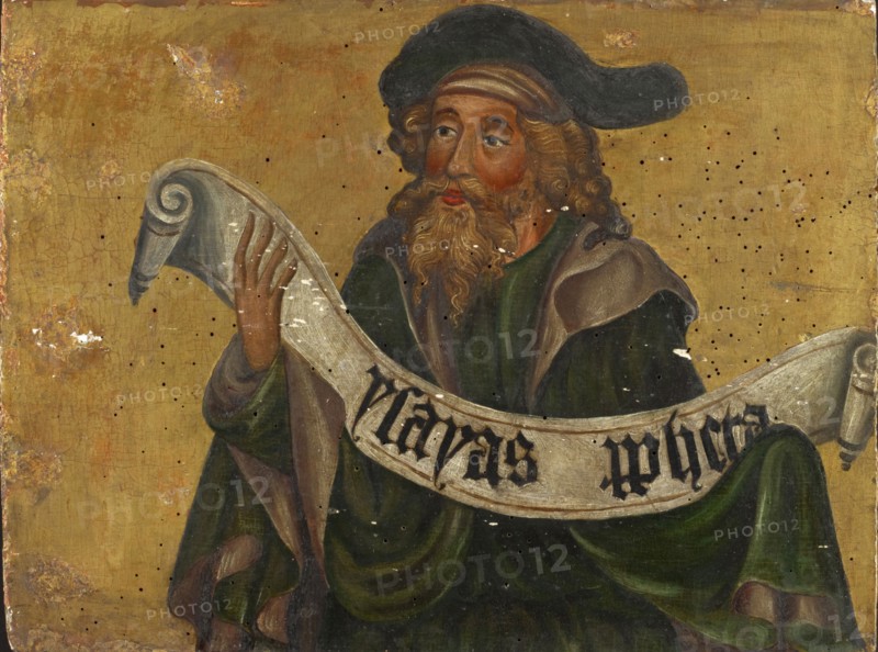 The Prophet Isaiah, 1st third of the 15th century, mixed technique on hardwood laminated with canvas, 31 x 41 cm, unmarked., On the scroll: ysayas p [ro] pheta, Schweizerischer Meister, 15. Jh., (?)