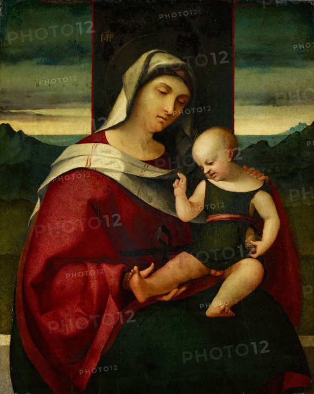 Madonna and Child, oil on chestnut wood, 62.4 x 50 cm, monogrammed top center: MPP, Oberitalienischer Meister, Anfang 16. Jh.