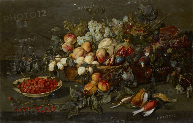 Still Life with Strawberries, Fruits and Dead Birds, oil on panel, transferred to canvas, 67 x 105 cm, unmarked, Samuel Hofmann, (zugeschrieben / attributed to), Sax/St. Gallen um 1595–1649 Frankfurt a. M.