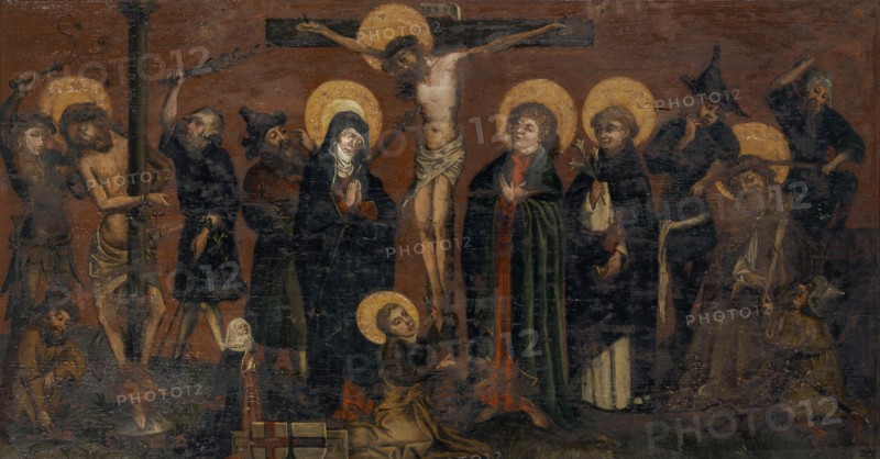 Flagellation, crucifixion and thorn crowning with Maria, Johannes, the hll., Maria Magdalena, Longinus and Vincent Ferrer and a donor, c. 1440, mixed wood technique on coniferous wood, 83 x 155 cm, unmarked, Deutscher Meister, 15. Jh.