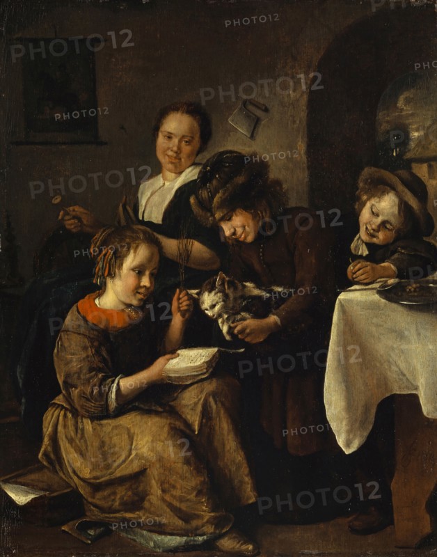 Children teach a cat to read, c. 1665-1668, oil on oak, 45 x 35.5 cm, signed lower right on the table frame: JSteen [JS ligated], Jan Steen, Leiden 1626–1679 Leiden