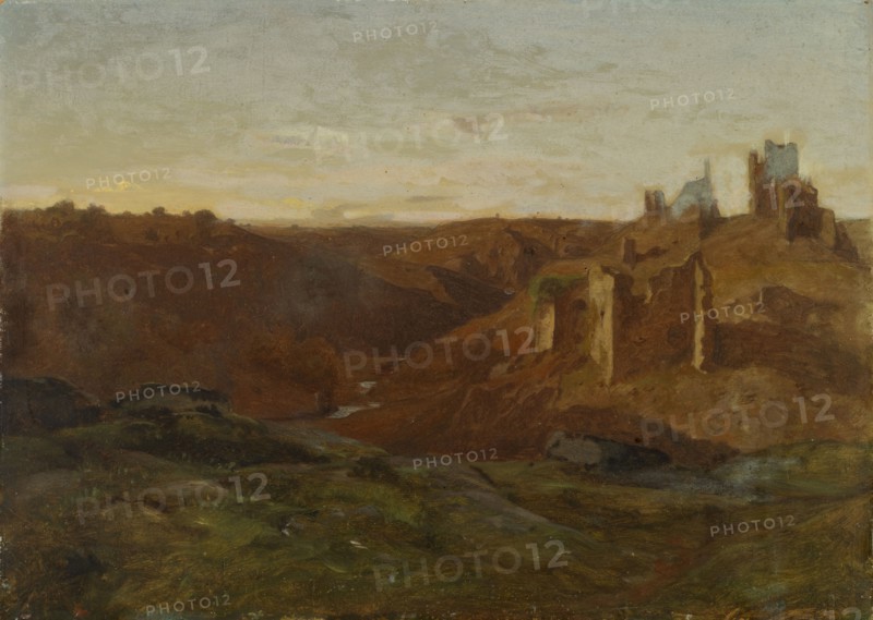 Landscape with ruins, oil on canvas on cardboard, 37.5 x 52.5 cm, monogrammed lower right: G.C., Gustave Castan, Genf 1823–1892 Crozant/Limousin