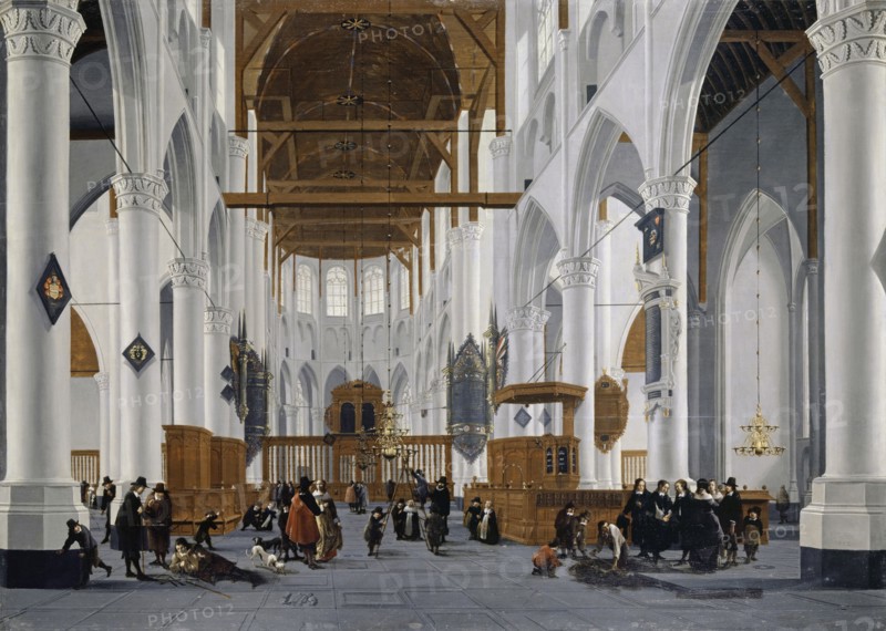 The interior of the Laurenskerk in Rotterdam, 1652, oil on oak, 87.5 x 122.9 cm, signed and dated lower right on the column base: D.D., Bliek, ., 1652, Daniel de Blieck, Middelburg um 1630–1673 Middelburg