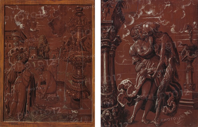 Bathsheba in the bath (front), The death as a soldier includes a young woman (back), 1517, mixed technique on fir wood, 38.2 x 29.2 cm, Signed on both sides lower right with the monogram NMD [ligated] and the dagger signet with bow, on the front between the two, dated 1517. Above the main figure on the front white inscription PERSABE., On the back black inscription KISN [?] On the column right., Niklaus Manuel gen. Deutsch, Bern um 1484–1530 Bern