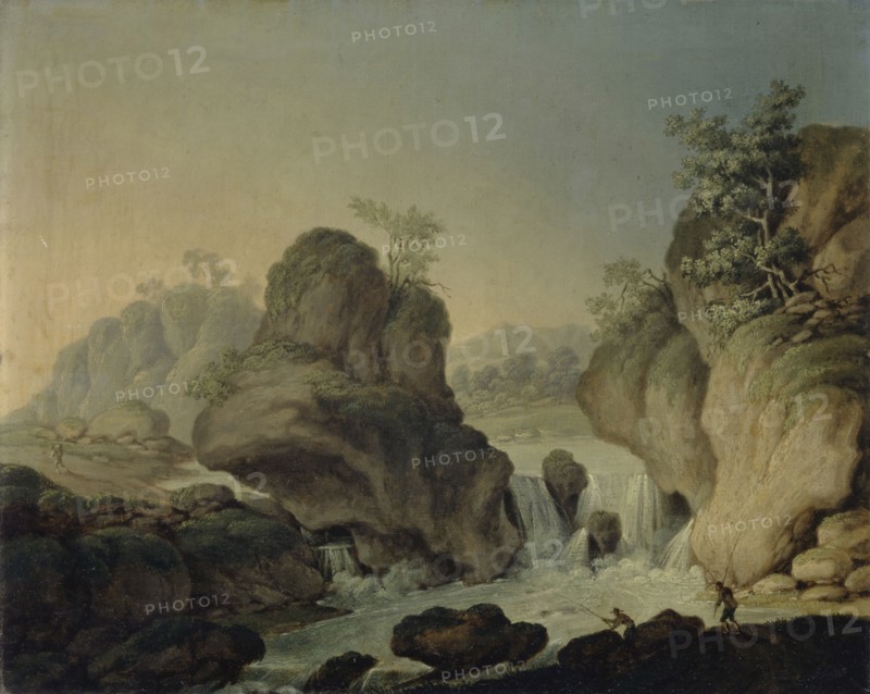 Landscape with waterfall and fishermen, oil on canvas, 28 x 35 cm, signed and dated on the back, bottom right with black ink: Nepo Wocher including a sign and unreadable writing, Johann Nepomuk Wocher