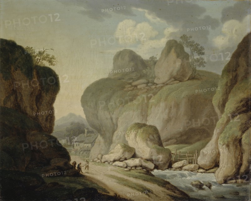 Rocky landscape with creek, oil on canvas, 28.5 x 34.5 cm, Signed and dated on the back, bottom right with black ink: Nepo Wocher including a sign and unreadable writing, Johann Nepomuk Wocher