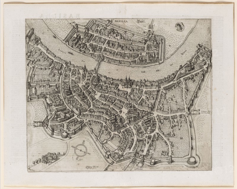 Small birdshow from Basel, from the southwest, drawing 1615, probably after 1620 etched in Holla, etching, sheet: 32.5 x 39.5 cm, marked O. M.: BASILÆA Basel ., u, ., l .: Mathæus Merian., Basiliensis fecit ., further inscriptions distributed over the sheet, On the reverse explanatory text in Latin, Matthäus Merian d. Ä., Basel 1593–1650 Bad Schwalbach