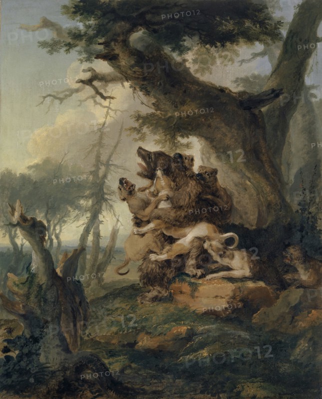 Bear, attacked by a pack of dogs, 1772, oil on canvas, 102 x 82 cm, unmarked, Caspar Wolf, Muri/Aargau 1735–1783 Heidelberg
