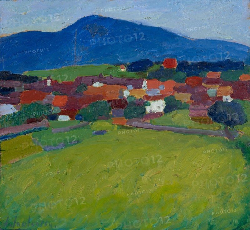 Village Murnau, 1908, oil on cardboard, 49 x 53.5 cm, signed and dated, l .: A. Jawlensky ., inscribed, signed and dated verso: o.l., in black: N.4., A. Jawlensky 1908, middle with pencil: Z 17 village, with red chalk: Murnau, u.l., with red chalk: 8 (slightly obscured by black velcro), o.r., with pencil: JO (obscured by a black velcro), Stiftung Im Obersteg, deposit in the Kunstmuseum Basel 2004, Alexej von Jawlensky, Torschok/Twer 1864–1941 Wiesbaden