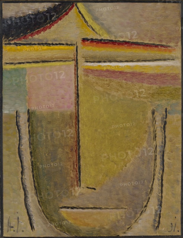 Abstract head: Apollo, 1931, oil on linen textured cardboard, mounted on a carpenter's plate, 43 x 33 cm, signed and dated., l .: A.J., dated u., r .: 31, signed, dated and inscribed on the reverse: A. Jawlensky 1931 A.K., No. 40 Apollo 43 x 33 Oil a., Cardboard, u.l.m., u.r.d., Stiftung Im Obersteg, deposit at the Kunstmuseum Basel 2004, Alexej von Jawlensky, Torschok/Twer 1864–1941 Wiesbaden