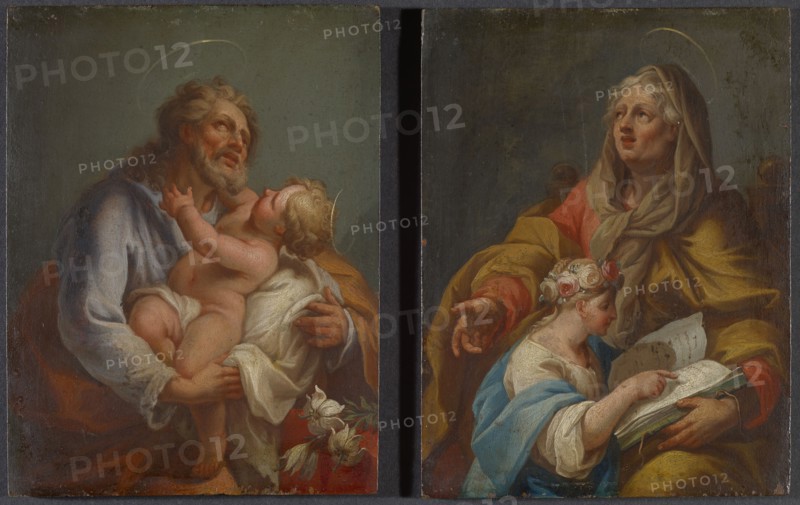 The hl., Joseph with the child (left), The hl., Anna teaches Maria Read (right), oil on panel, each 18 x 14 cm without frame, not marked, Italienischer Meister, 17. Jh., (?)