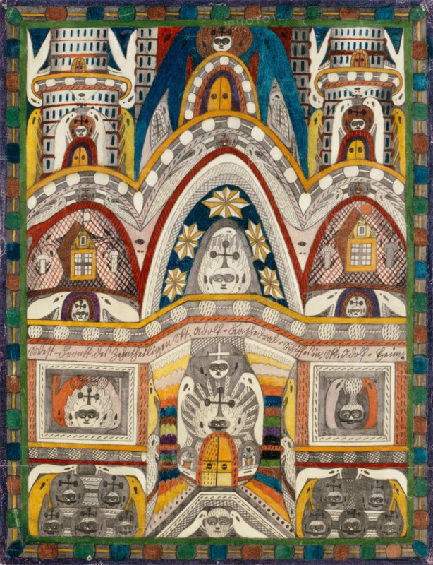 Adolf = Cathedral, = Ship in, Skt. Adolf = Heim, 1916, January 1, pencil and crayon, sheet: 64.7 x 48.8 cm, recto [lower center] West = front of the Zehntheiligen Skt. Adolf, = Cathedral = Ship in, Skt. Adolf = Home., Verso without text (verso from third hand dated and inscribed: 1. I. 1916, (see text), Cathedral Ship, lower part of it), Adolf Wölfli, Bowil/Bern 1864–1930 Bern