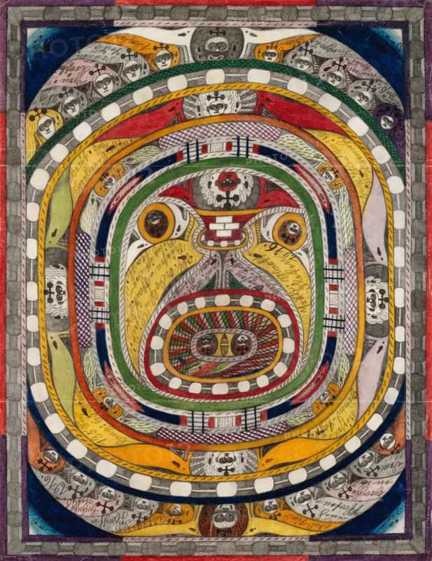 The bowl, January 13, 1916, pencil and crayon, sheet: 64.8 x 49.8 cm, recto [1] Trub: Markt =, Fleken., 1,916., [2] Skt. Adolf = Song:, Giant = City., D'r, ring is the, cup., [3] Giant =, Grand = Hottel., [4] And., Mal =, lerai = ring., [5] Inner cup =, ring, = St., Adolf = [6] Giant =, Grand = Hottel., [7] 135 hrs, long: 65 mins = [8] wide., Getz, ., Coral = glacier., [9] These are, also, Pfooten =, graphii =, en on the [10] back, the cup =, Hochalp =, Stokes., 1,916., [11] Lüderengäßli., Cha {m} ers =, House., Langnau., Brau., [12] Wig =, gen., Kröschen =, Bru {n} en., Trub =, shake., [13] South., [14] North., Verso without text (verso from third hand dat. And inscribed: 13. I. 1916, The Napf (mountain), (see text)), Adolf Wölfli, Bowil/Bern 1864–1930 Bern