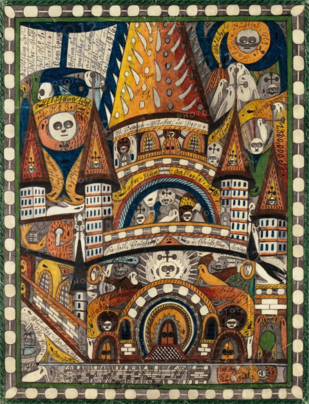 St. Vinzentz = Münster, in Bern, 1916, pencil and crayon, sheet: 64.9 x 49.8 cm, recto [1] Skt. Vinzentz = Münster, in Bern., [2] Münster = Thurm = Gallery., 1.916, ., [3] The healing., Unity: [4] Kluge u., foolish young = women., [5] bow, no., 1. [6] Resolution of, Images = Rätht =, sels, No., 1., address., Comtesse., Rosina Sie =, genthaler, on the Upper, Rütti, in, Skt. Adolf =, Home., 1.916, ., [7] Pictures = Rähtsel, No., 2nd Lalun., [8] Resolution follows, in No., 3. Soleil., [9] Santta Lina., [10] nun., [11] 1,500,000 Fr. [12] South side, Against the city., [13] Münster = Gasse., Here, Ditto, place., Gee = Schl., [15] Mazurka [16] Mazurka [17] 1,916 [18] saint Vinzenz., Grittali., [20] The holy one., Skt., Adolf: Death = Fall., [21] Skt. Ad., Death = case., Verso without text (verso from foreign hands dat .: 1916), Adolf Wölfli, Bowil/Bern 1864–1930 Bern