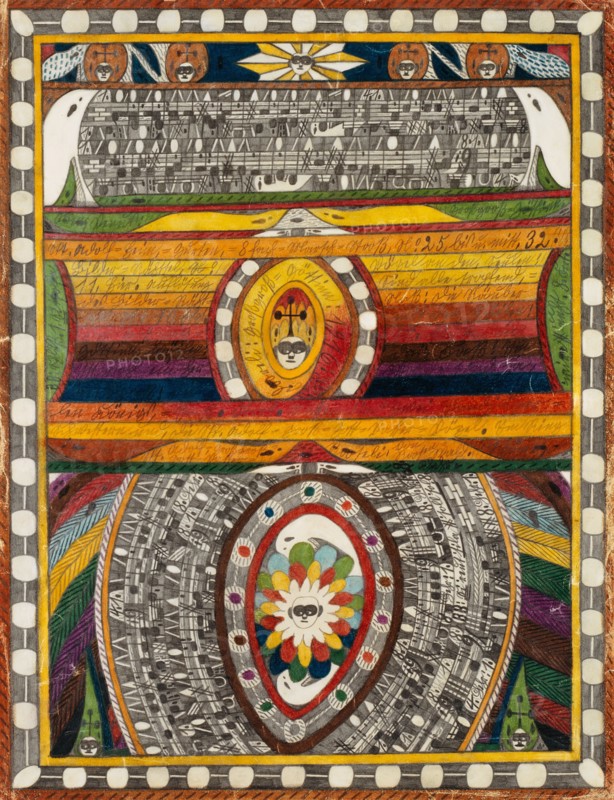 City of Bern, No., 4, 1916, pencil and crayon, sheet: 64.8 x 49.8 cm, recto [1] above, Venus: [2] Large = goddess., [3] Skt. Adolf = Heim, = Belts, = 8 times = March = Stooß, No., 25, until u., mitt, 32. [4] Images = Rähtsel, No., 11, here., Resolution, of the picture = Rätht =, sels, No., 10, follows., The Big One =, Goddess, I say:, Is probably a her =, fun: The [5] birds on the: Seulen:, Are all dripping, =, Wet: The robbers, with the, Köilen:, They sink into, that, barrel: Im, forest are yes, owls., Wihr spie =, [6] len king, = Jaß., Frrrt, ., Below are two Landjäger =, sisters and, The Skt. Adolf = Great = God = Vatter = birds., In the ring, [7] is the --- [connecting line to] [8] beautiful, [9] Skt. Adolf, = Great = God = Vatter =, [10] Rooseli, of Roosen = forest., Cheer., [11] Dooreli: Large = Goddess 1,916., [12] BB: End., 1. Si 'solfa [13]' mire # 'uuht., 8. Frrt., [14] Chehr., [15] BB: Si 'reut' sila # 'soll'sol Verso City Bern, no., 4. (verso from foreign hand dat .: 1916),...