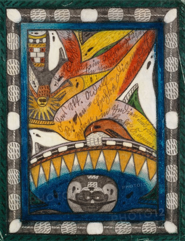 The Skt. Adolf = Diamantt = Giant = Hohrn, at the Flohzohrn, in India and, the Hahr = comb, 1917, pencil and crayon, sheet: 28.8 x 22 cm, Recto [above] The Fleafang, and his Alpenglühn, in India, [Center] The Skt. Adolf = Diamantt =, Giant = Hohrn, on the flea =, zohrn, in India and, the Hahr = Kamm., Verso 2. How big the flea-zoo = Rie =, sen = glacier with its, jeh, voluminous, rocks = cones and, rocks = Hohrn, = excrescences, and, the similar, to the Rie = sen = city, Zohrn, Hearing, Giant = City = The part is, I have since the time of my dorigen resident in the six =, ziger, seventies and eighties =, years, unfortunately wied'r, forget., The Giants = City, Zohrn, to which also the 5, Here, following =, following portraits = indications, are, is from south to, north, 120,000, hour long, Adolf Wölfli, Bowil/Bern 1864–1930 Bern