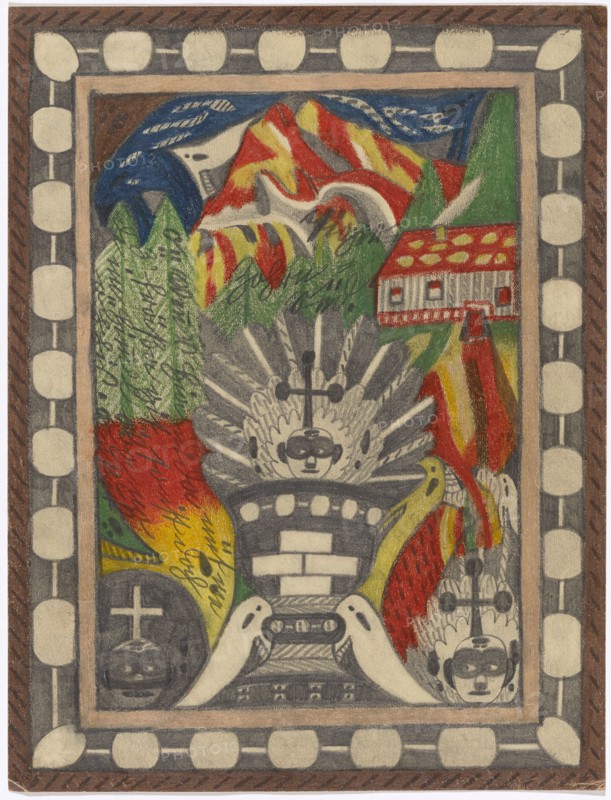 Tiger = Zohrn = Giant = Glacier, = Hochalp = Stok, in Northwest = India, 1917, pencil and colored pencil, leaf: 28.9 x 22 cm, recto [top center] Tiger =, Zohrn =, south., [left] O :: we {n} 's Hia nida nüt me, z'fräßa git, it is, de in hi {m}' l oba no, öppis., Kukuk Verso 4. The front-sided image is Top, 245 hours, Tiger = Zohrn =, Giant = Glacier, = Hochalp = Stok, = Northwest = India., Dersel =, be shows on its bottom, in the whole ring around, 64 circa, year, slightly larger glacier, than the Bernese maiden, on holding, rock face =, high plateau = ring, the tiger =, Zohrn = south, with the same name = Senner = Alp., Uf'm Bäch'rli, is D's Mariili, and right Untten, D's, Skt. Adolfina, from the tiger = Zohrn, =, Skt. Adolf = Ring: Giant = Tratt., Skt. Adolfina: Yes naai: This is a kai Ma {n}: Wa {n} Aina na kai Woman bi Sich had., Adolf Wölfli, Bowil/Bern 1864–1930 Bern