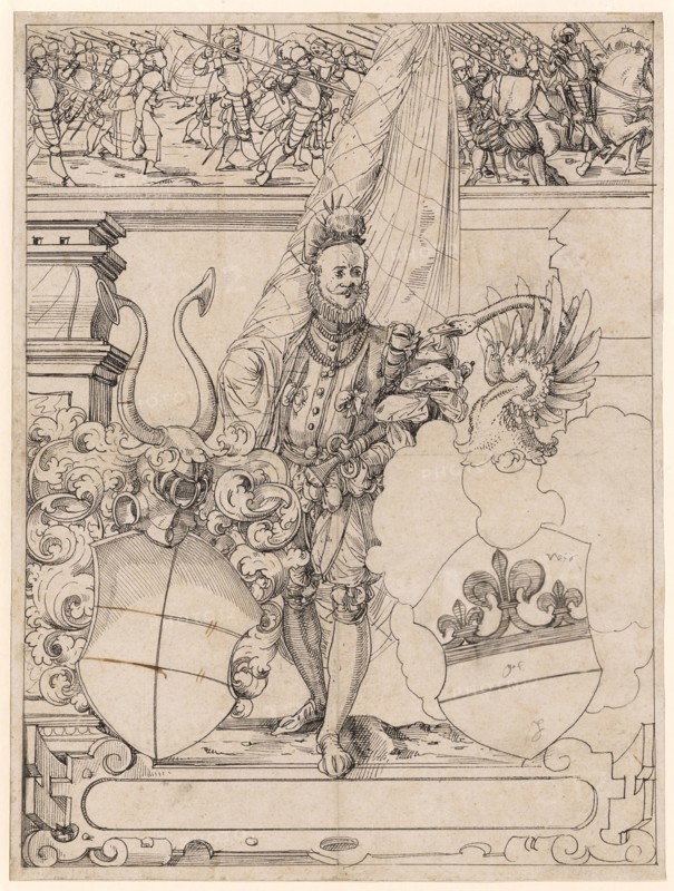 Disc tear with standard bearer as shield companion and two unidentified coats of arms, in the upper picture war train, around 1580, feather in black, kl., Complement with feather in brown, leaf: 37.1 x 27.9 cm |, Picture: 36 x 27 cm, color information, Tobias Stimmer, (Umkreis / circle), Schaffhausen 1539–1584 Strassburg, Orpheus-Meister, (?)