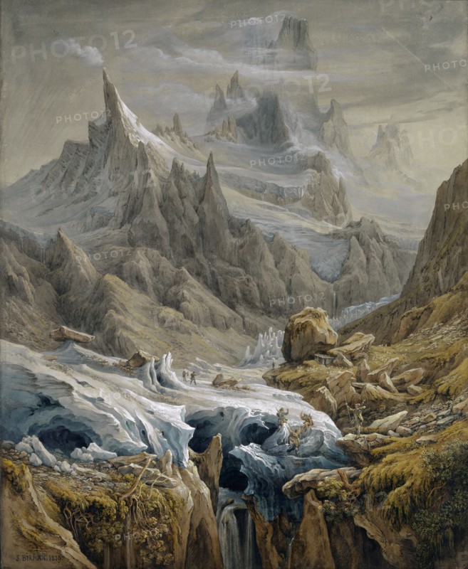 Mountain landscape with Zäsenberg and Schreckhorn, 1829, pencil, quill, watercolor and cover color on light gray primed paper, laminated, folio: 59.4 x 48.7 cm, unmarked, Samuel Birmann, Basel 1793–1847 Basel