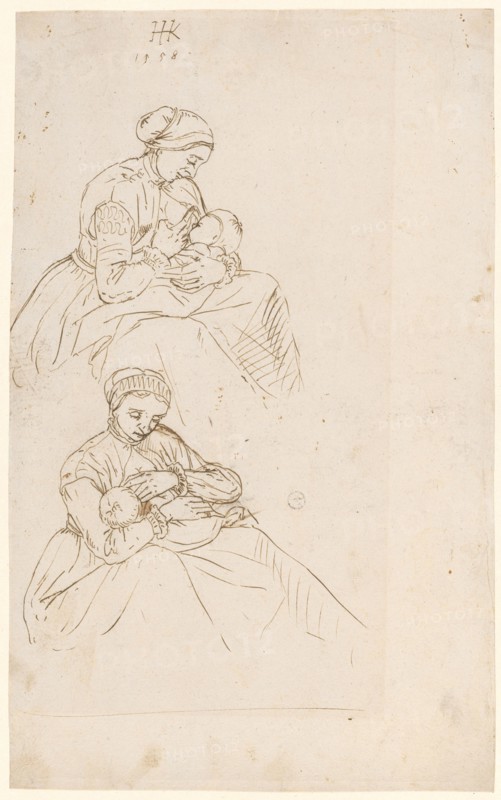 Studies of a mother breastfeeding her child, 1558, pen in brown, page: 32.3 x 19.7 cm /20.2 cm, O. M. l., monogrammed and dated: HK [lig.], 1558, Hans Hug Kluber, Basel 1535/36–1578 Basel