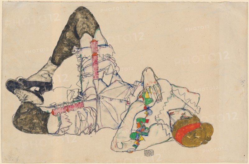 Woman lying on her back, 1914, pencil and gouache, verso: pencil, sheet: 31.8 x 48.2 cm (largest mass), U. M. signed and dated in pencil: EGON, SCHIELE, 1914 [framed in pencil], Egon Schiele, Tulln an der Donau/Niederösterreich 1890–1918 Wien