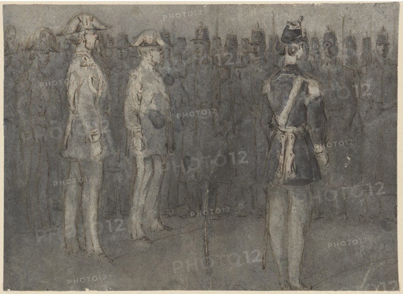 Napoleon III., at the infantry parade, feather in black, washed, sheet: 14.4 x 20 cm, unmarked, Constantin Guys, Vlissingen 1802–1892 Paris