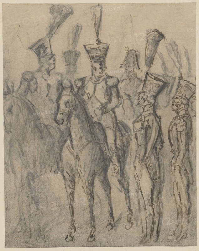Two cuirassiers on horseback, pencil and pen, verso: pencil, sheet: 18.5 x 14.6 cm, not marked, Constantin Guys, Vlissingen 1802–1892 Paris