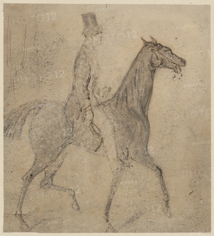 Rider on horseback, feather in black, washed in gray and wiped, sheet: 14.5 x 13.1 cm, unsigned, Constantin Guys, Vlissingen 1802–1892 Paris